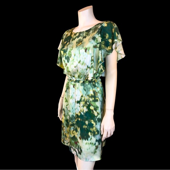 H&M Green Abstract WATERCOLOUR Silky Flutter Sleeve Spring Mini Dress 6 - Picture 2 of 8
